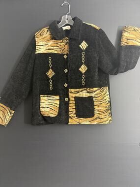 Studio Works Petite PL Vintage Tiger Print Tapestry Chenille Jacket Black Gold